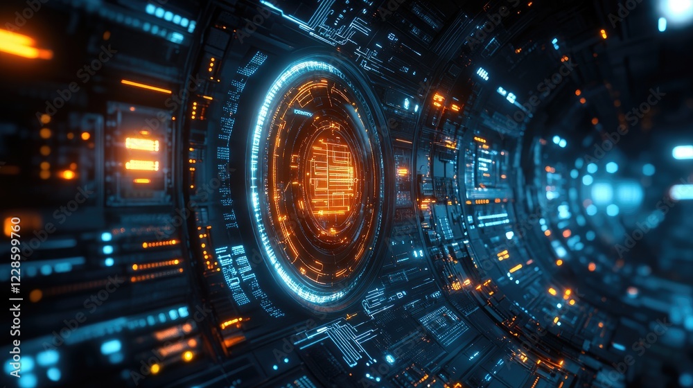 Obraz premium Futuristic digital tunnel with glowing circuits and vibrant lights, representing advanced technology