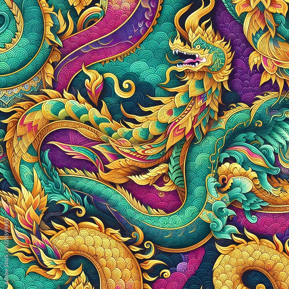 custom made wallpaper toronto digitalMythical Naga Serpent – Traditional Thai Art with Gold Details Thai Dragon Naga – Majestic Serpent in Vibrant Colors