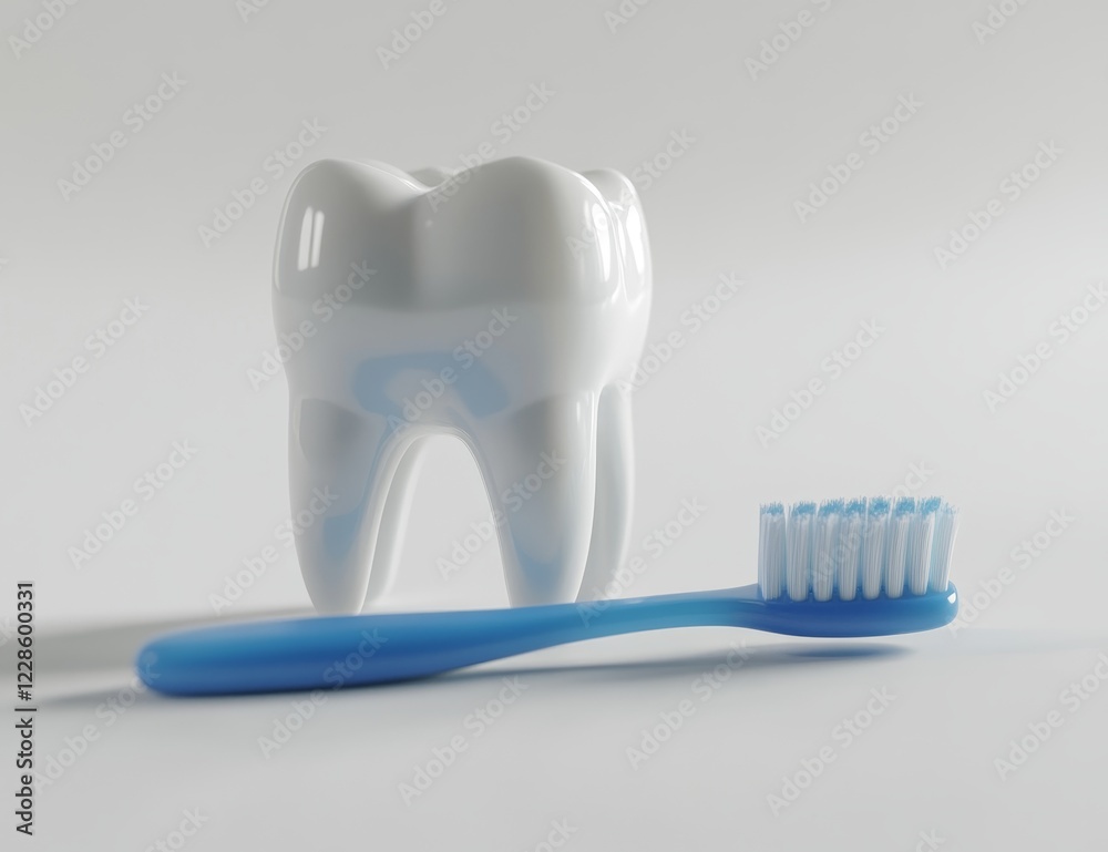 Healthy tooth and toothbrush on white background.