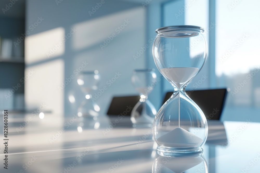 Time management represented by floating hourglasses in minimalist office space with dramatic side lighting composition and medium format shot Time management represented by floating hourglasses in minimalist office space with dramatic side lighting composition and medium format shot
