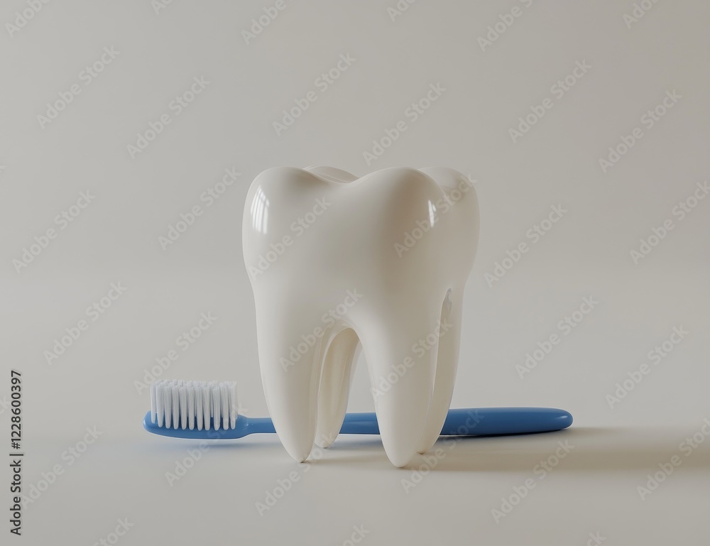 A large, white, healthy tooth model beside a small blue toothbrush on a white background. A large, white, healthy tooth model beside a small blue toothbrush on a white background.
