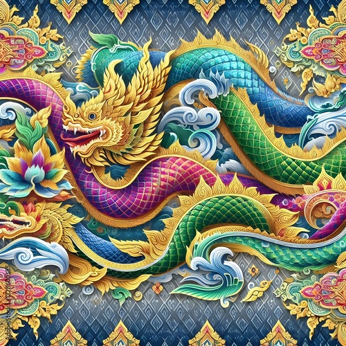 Wallpaper Mural Mythical Naga Serpent – Traditional Thai Art with Gold Details Thai Dragon Naga – Majestic Serpent in Vibrant Colors Torontodigital.ca