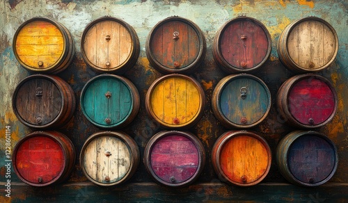 Wooden Barrels Stacked in Pyramid for Aging Wine and Spirits