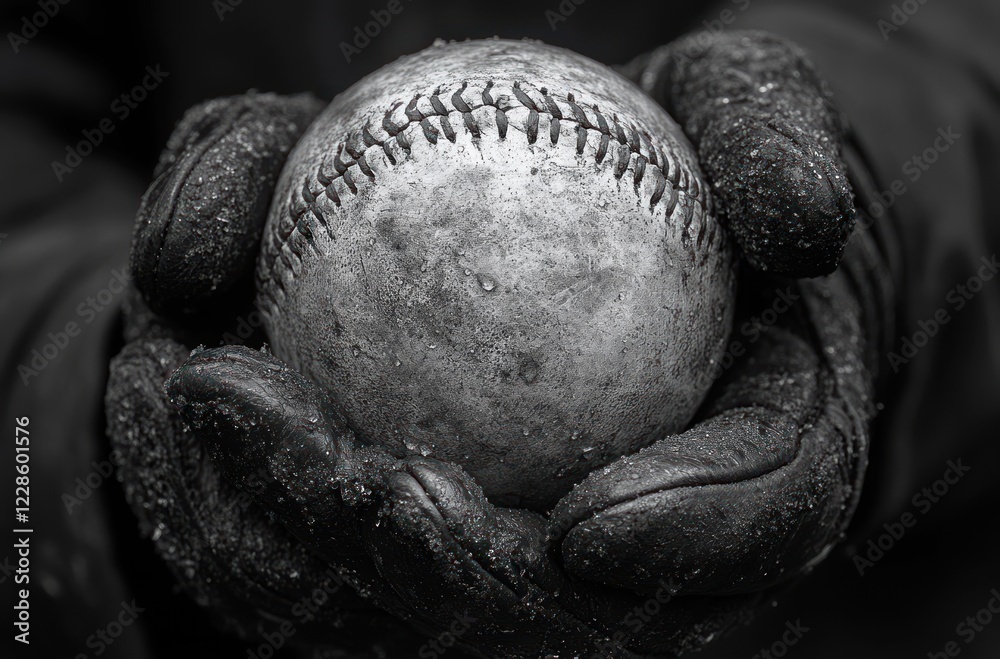 Baseball Hand Gripping Old Spalding Softball Texture in Dramatic Lighting for Athletic Game Print Baseball Hand Gripping Old Spalding Softball Texture in Dramatic Lighting for Athletic Game Print