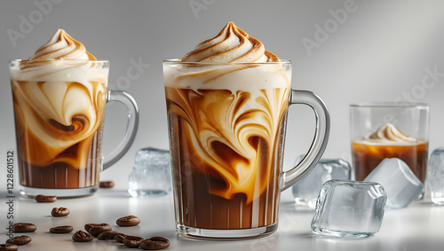 Refreshing Iced Coffee with Creamy Swirls and Ice Cubes
