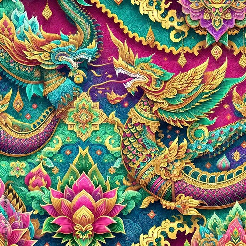 Wallpaper Mural Mythical Naga Serpent – Traditional Thai Art with Gold Details Thai Dragon Naga – Majestic Serpent in Vibrant Colors Torontodigital.ca