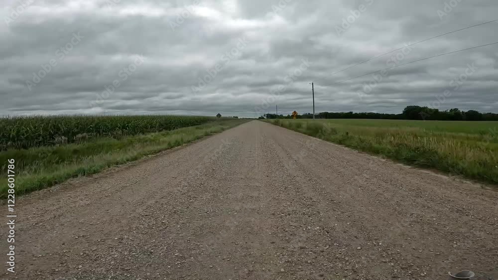POV, double time - driving on a gravel road; going past farmers fields with corn and alfalfa in rural Iowa; concepts of country life POV, double time - driving on a gravel road; going past farmers fields with corn and alfalfa in rural Iowa; concepts of country life