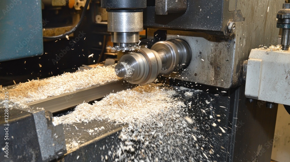 A close-up of a milling machine in action, producing metal shavings during machining.