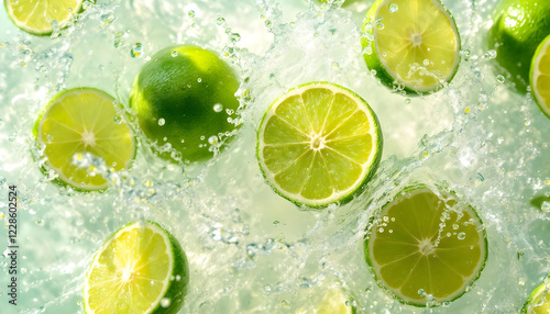 A dynamic composition of green lime slices and water splashes frozen in time, symbolizing vitality and natural refreshment