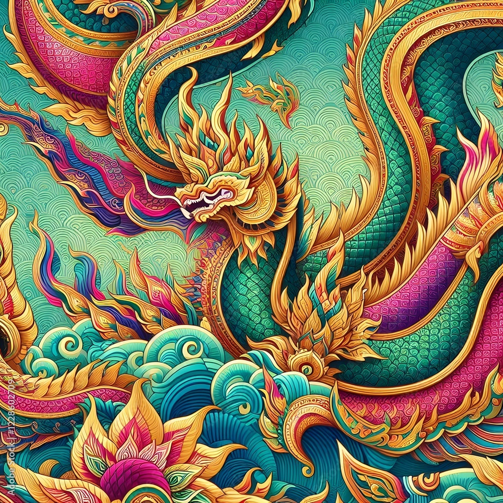 Fototapeta premium Thai Naga Dragon Art – Vibrant Mythological Serpent Colorful Thai Serpent – Mystical Naga in Traditional Art 