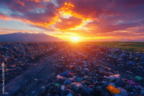 Landfill Waste Disposal at Sunset Pollution Environment Garbage Plastic Contamination Ecology Recycling Industry Trash Dump