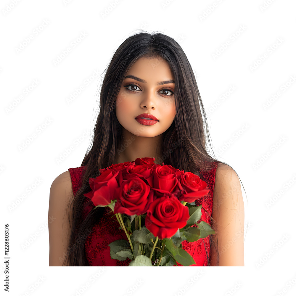 Young Indian Woman in Red Dress Holding Red Roses Isolated on Transparent Background Young Indian Woman in Red Dress Holding Red Roses Isolated on Transparent Background