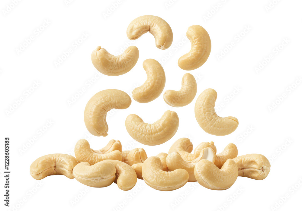 Falling cashew nuts isolated on white background, front view, no depth of field, sharp Falling cashew nuts isolated on white background, front view, no depth of field, sharp
