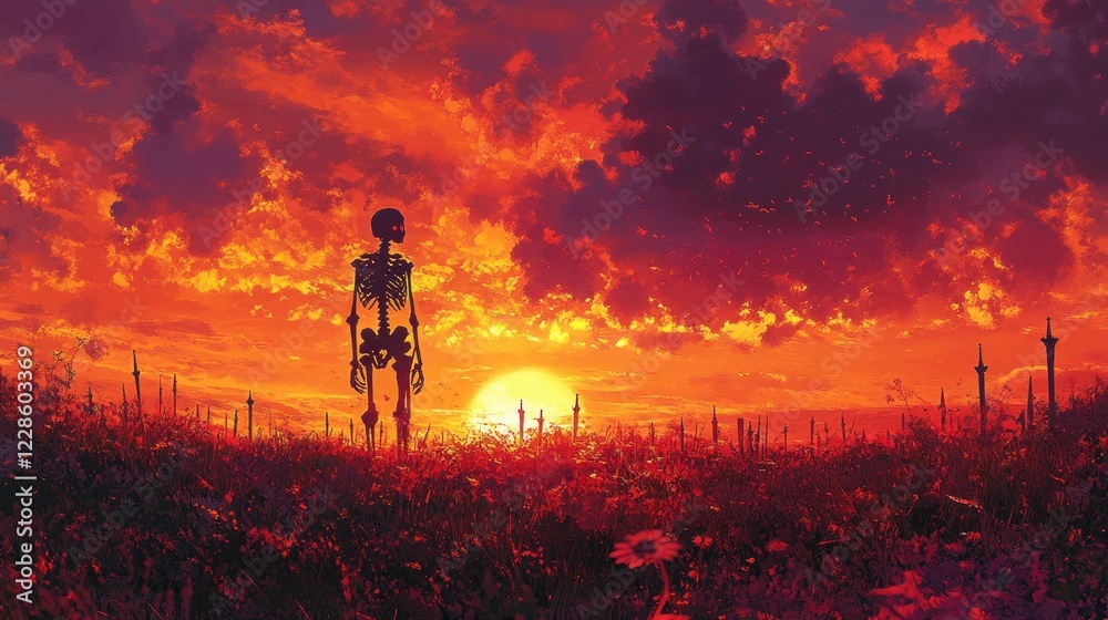 Fototapeta premium Skeleton Rising from Ground in Mystical Sword Field Against Vibrant Sunset Background