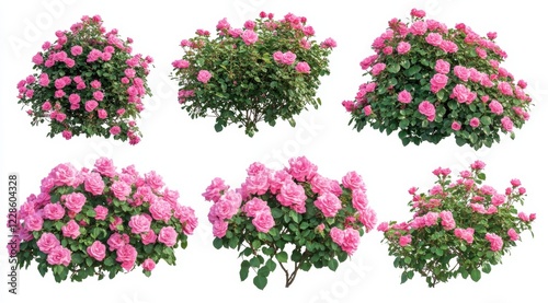 Pink rose bushes, garden plants, isolated, white background, landscaping design (1)