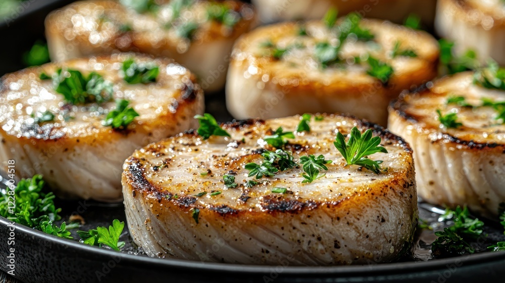 Seared scallops with parsley in pan, kitchen setting, dinner preparation Seared scallops with parsley in pan, kitchen setting, dinner preparation