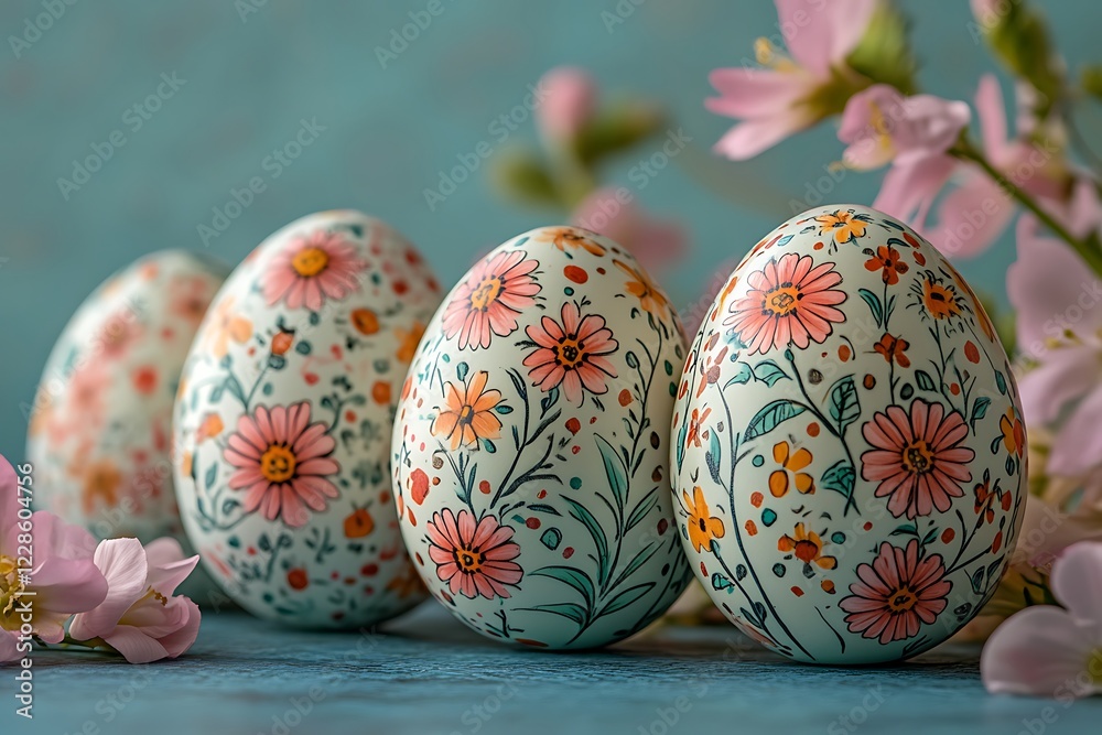 Fototapeta premium Beautiful handmade Easter eggs and flowers.Happy Easter.