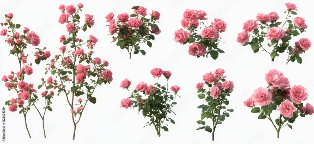 Fototapeta premium Pink rose bushes, studio shot, white background, garden design