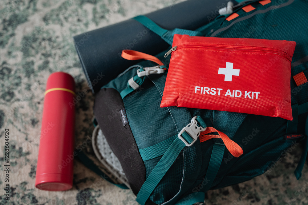 Naklejka premium A wellprepared backpack is essential for anyone embarking on outdoor adventures or engaging in daily activities it should include a first aid kit that is fully equipped for emergencies