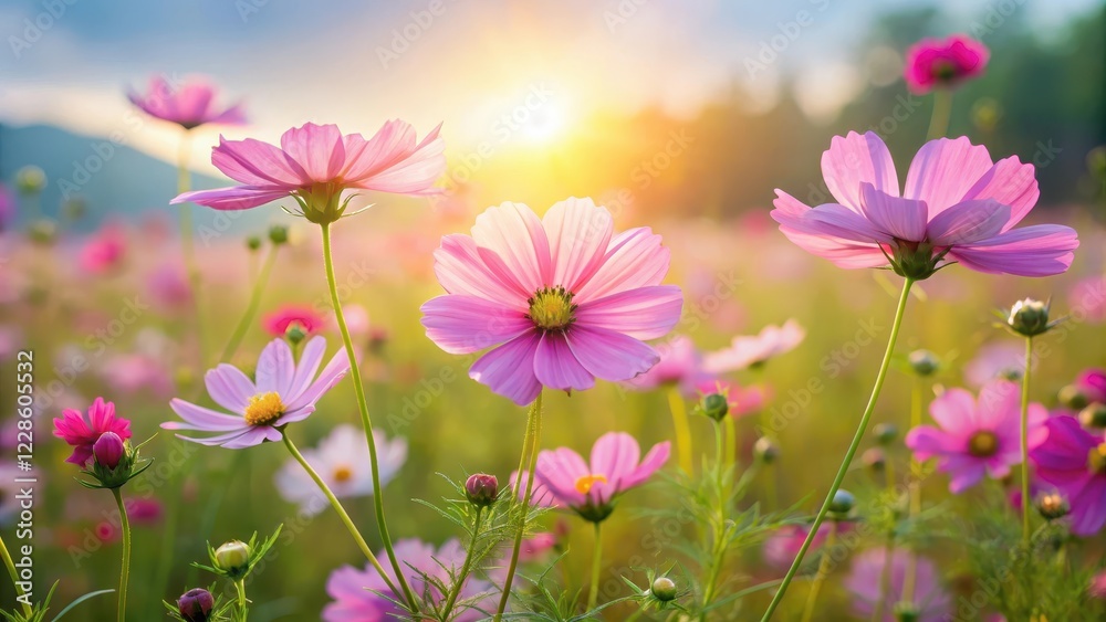 Seeded cosmos flowers swaying gently in the breeze amidst a vast, sun-kissed meadow, fields, nature Seeded cosmos flowers swaying gently in the breeze amidst a vast, sun-kissed meadow, fields, nature