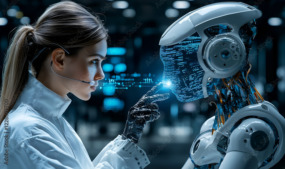 Fototapeta premium A scientist interacts with an advanced humanoid robot, showcasing a blend of technology and human emotion in a futuristic setting.