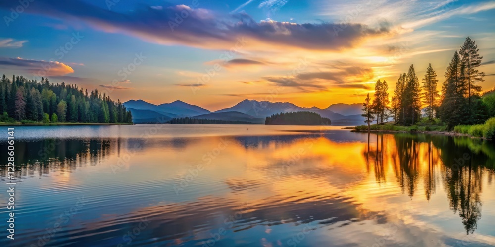 Fototapeta premium Sunset over a serene lake with trees and mountains in the background, nature, scenic view
