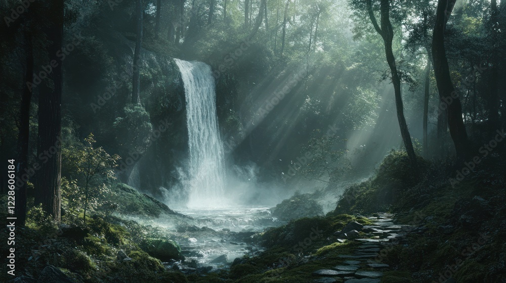 Misty waterfall in lush forest; sunbeams illuminate path Misty waterfall in lush forest; sunbeams illuminate path