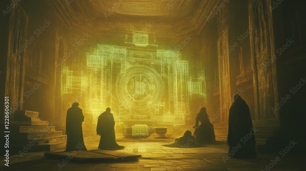 Fototapeta premium Scholars Engaged in Discussion Within Ancient, Mystical Setting