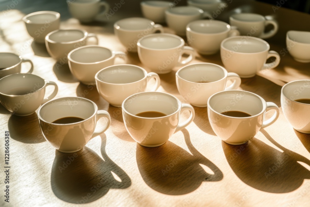 Workplace culture represented by coffee cups creating shadow art with morning light composition and lifestyle composition Workplace culture represented by coffee cups creating shadow art with morning light composition and lifestyle composition