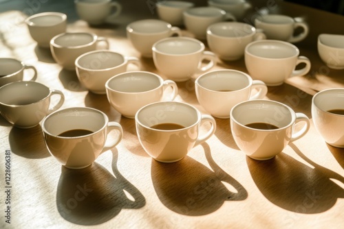 Workplace culture represented by coffee cups creating shadow art with morning light composition and lifestyle composition 