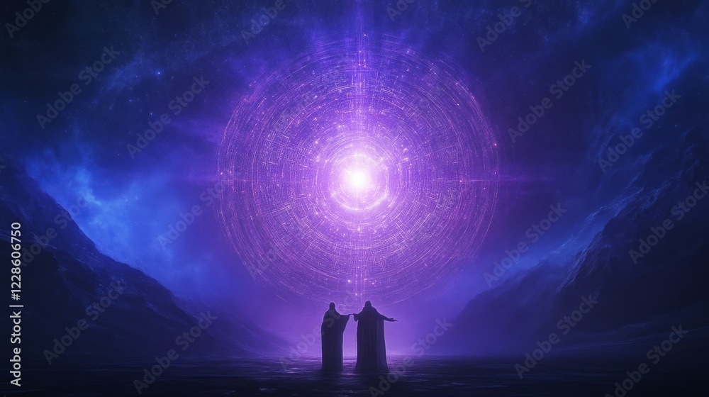 Fototapeta premium Celestial Vibrant Tapestry Featuring Mystical Figures and Light