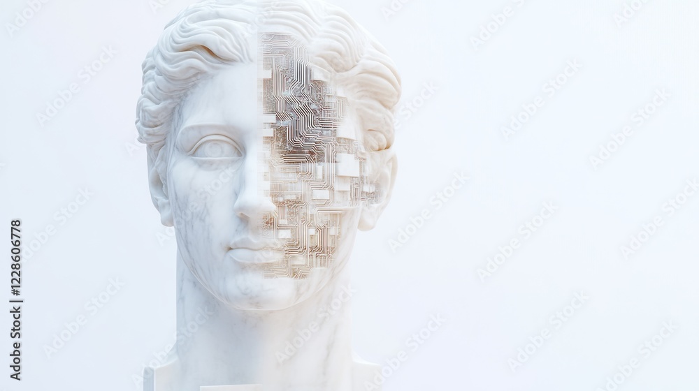 Elegant Marble Bust on Pedestal with Digital Patterns and Details Elegant Marble Bust on Pedestal with Digital Patterns and Details
