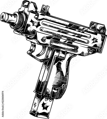 A Uzi gun hand in high-resolution vector art. Perfect for logos, t-shirt designs, and more. Bold, detailed, and stylish for a powerful visual impact.
