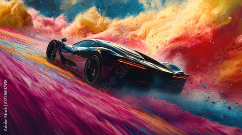 Black sports car driving on colorful, vibrant, abstract road. photo