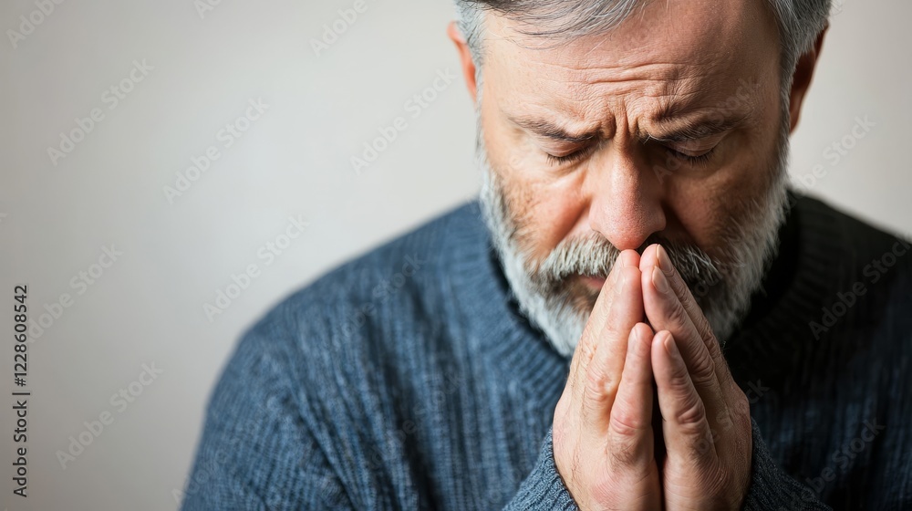 Thoughtful elderly man in a cozy sweater reflecting on life while clasping his hands in contemplation Thoughtful elderly man in a cozy sweater reflecting on life while clasping his hands in contemplation