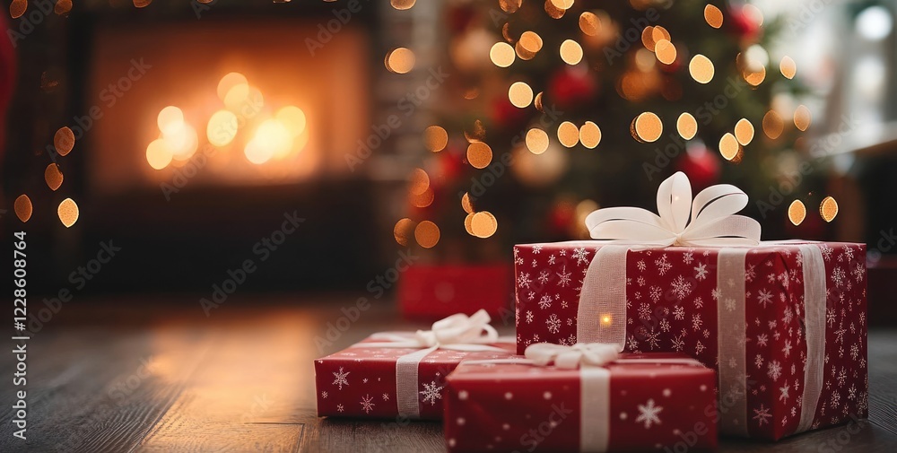 Cozy Christmas Scene with Red Gifts White Ribbons and Blurred Tree Lights Cozy Christmas Scene with Red Gifts White Ribbons and Blurred Tree Lights