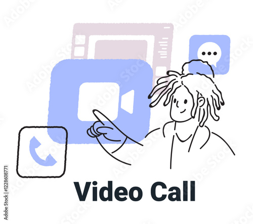 Video call concept person interacting with communication icons in minimalist hand drawn style
