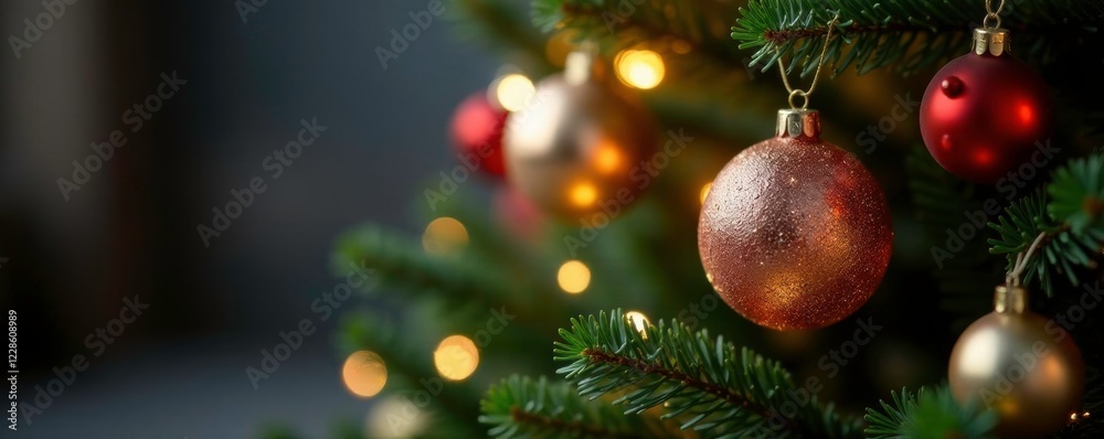Fototapeta premium Sparkling light garland balls on a decorated evergreen tree, holiday, decoration,