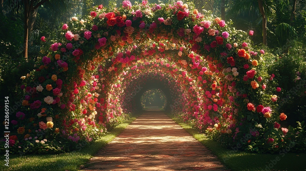 Sunlit path through vibrant rose archway in lush garden. Sunlit path through vibrant rose archway in lush garden.
