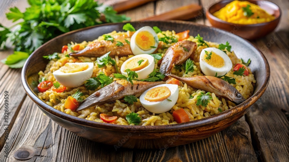 Savor the delight of spiced rice with smoked fish and boiled eggs home kitchen culinary recipe cozy environment gourmet concept