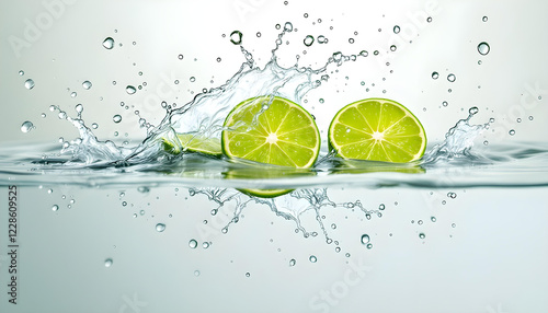 A dynamic composition of green lime slices and water splashes frozen in time, symbolizing vitality and natural refreshment
