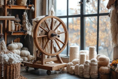 Antique wooden spinning wheel with yarn. Perfect for craft, textile, or handmade projects. photo