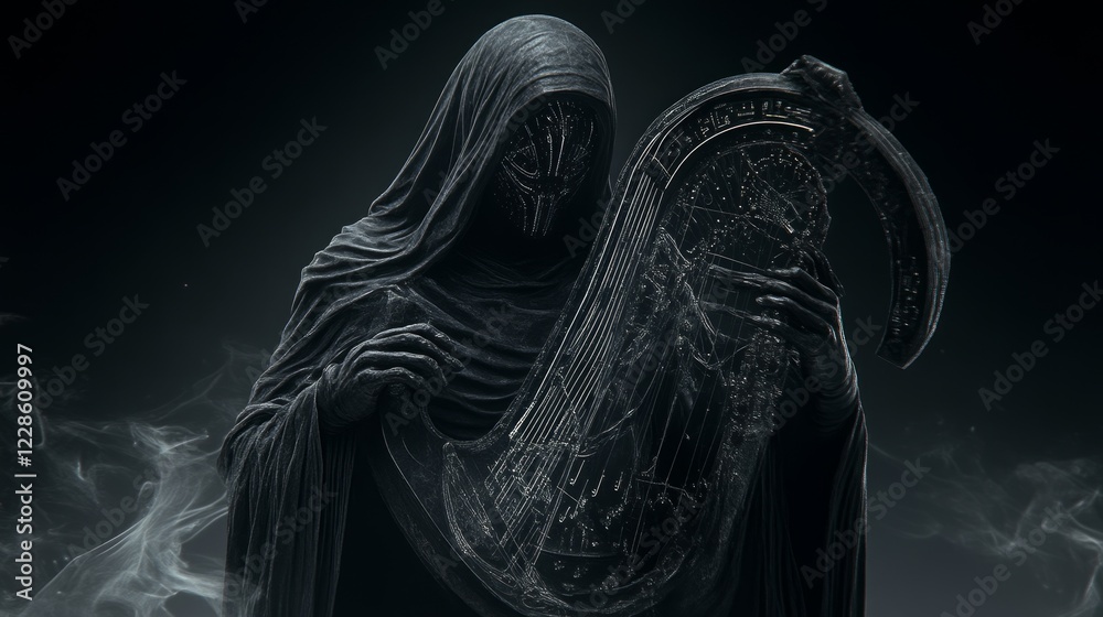 Naklejka premium Monochrome Statue of a Robed Musician Holding a Harp