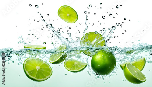 A dynamic composition of green lime slices and water splashes frozen in time, symbolizing vitality and natural refreshment