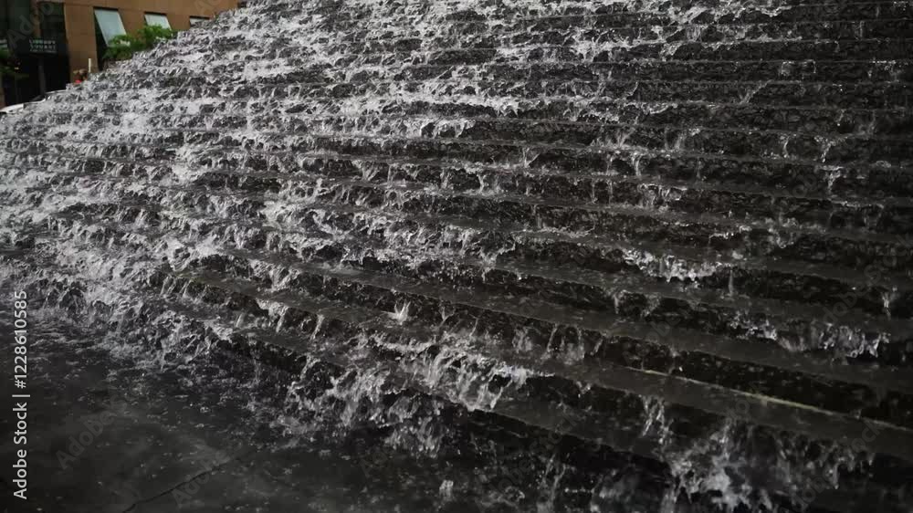 Water flows and splashes down a large array of short black steps creating a big, beautiful and satisfying water feature in slow motion close up Water flows and splashes down a large array of short black steps creating a big, beautiful and satisfying water feature in slow motion close up