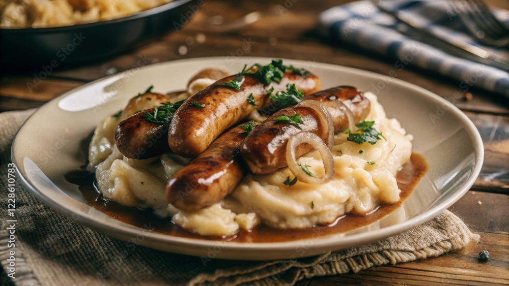 Savoring bangers and mash a british culinary delight featuring sausages creamy mashed potatoes and caramelized onions in a cozy kitchen setting Savoring bangers and mash a british culinary delight featuring sausages creamy mashed potatoes and caramelized onions in a cozy kitchen setting