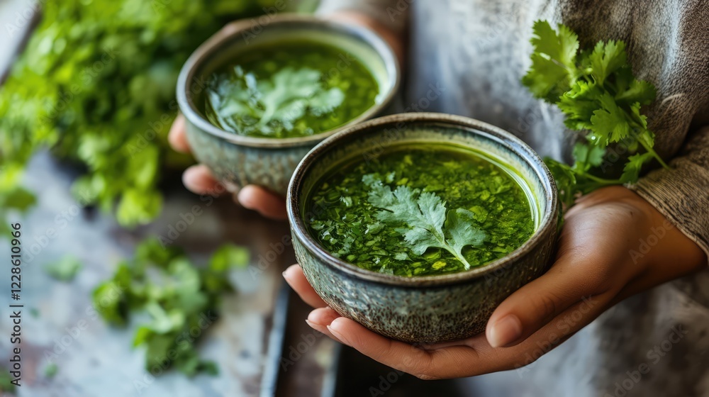 Vibrant Green Soup: Two rustic bowls brimming with vibrant green soup, garnished with fresh herbs, are held gently. The rich color and rustic setting evoke feelings of health and wholesome goodness. Vibrant Green Soup: Two rustic bowls brimming with vibrant green soup, garnished with fresh herbs, are held gently. The rich color and rustic setting evoke feelings of health and wholesome goodness.
