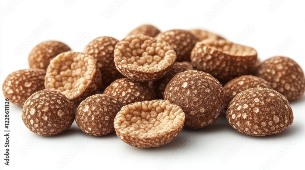 A pile of small, round, brown seeds with textured surfaces. A pile of small, round, brown seeds with textured surfaces.
