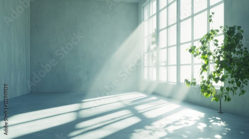 Sunlit Empty Room, Plant, Large Window, Peaceful Interior, Design Inspiration