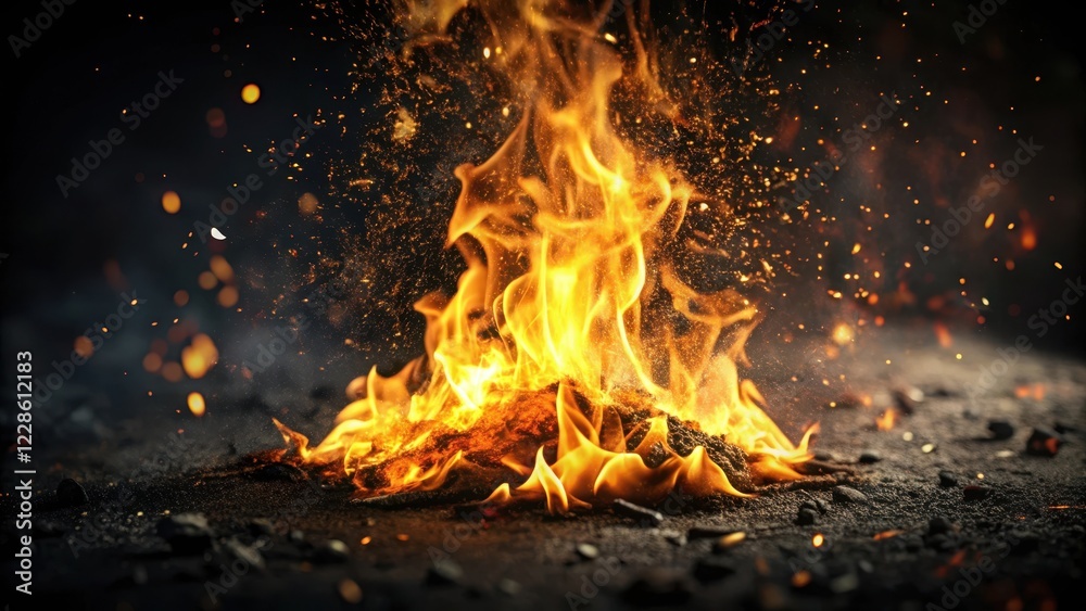 Intense flame with golden glow on black background, surrounded by dark ash and sparks , heat, intensity, heat Intense flame with golden glow on black background, surrounded by dark ash and sparks , heat, intensity, heat